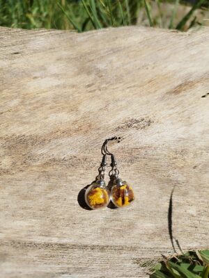 boucles d'oreilles sphère argentée protection flamboyant jaune artisanat réunion